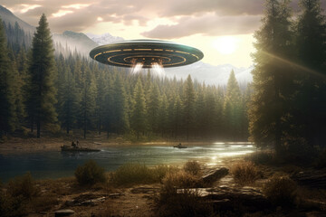 Scene as a UFO hovers over a forest, inviting intrigue and speculation about extraterrestrial life. Generative Ai, Ai.