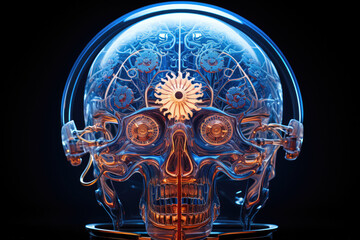 A captivating blue x-ray image unveils the intricate workings of the brain and skull, as gears symbolize the dynamic nature of human thought. Generative Ai.