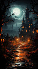 Fantastic night landscape background for Halloween. Ai generative art