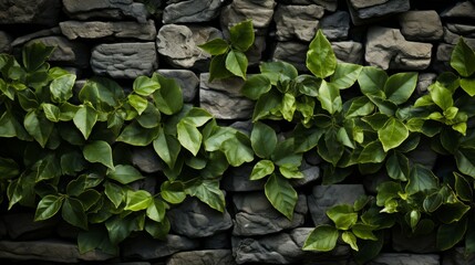 Close-up of a stone wall adorned with green leaves. Generative AI - obrazy, fototapety, plakaty