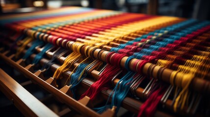 Close-up of fabric being woven on loom. Generative AI