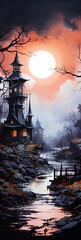 Obraz premium Fantastic spooky landscape background for Halloween bookmark. Ai generative art