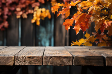 Naklejka na ściany i meble a fall scene of leaves on background of old wooden furniture