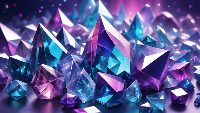 Beautiful Shining iridescent crystals, purple and blue gradient, pieces of glass wallpaper, diamond, ruby, redstone, emerald