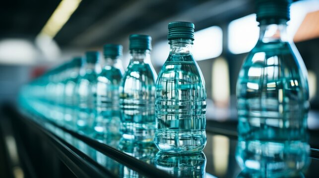 Closeup of bottles of bottled water in a factory. Generative AI