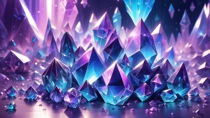 Beautiful purple and blue gradient crystal diamonds and emerald iridescent wallpaper design - obrazy, fototapety, plakaty