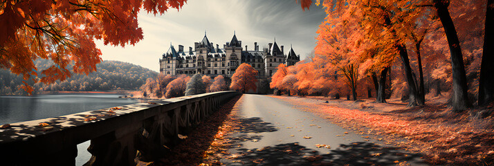 Castle - manor - estate - mountains - English - aristocrats- nobleman - fall - autumn - peak leaves 