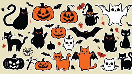 Happy Halloween set of elements, ghost, pumpkin, bat and cat. Vector is cute illustration in hand drawn style Generative AI