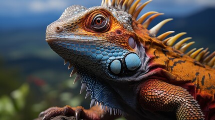 Fototapeta premium Colorful lizard in close-up detail displaying its. Generative AI
