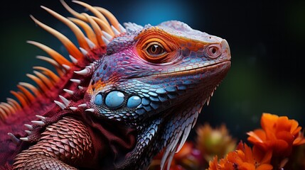 Fototapeta premium Colorful lizard in close-up detail displaying its. Generative AI