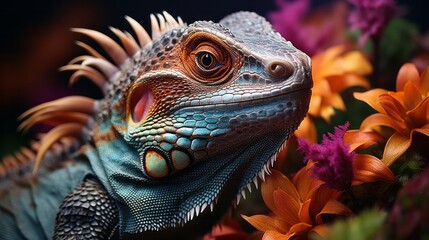 Fototapeta premium Colorful lizard in close-up detail displaying its. Generative AI