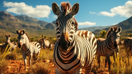 Fototapeta premium A heard of zebras grazing on the african savannah.UHD wallpaper