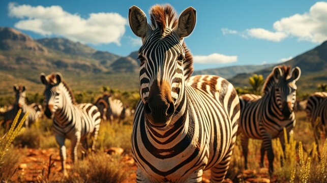 A heard of zebras grazing on the african savannah.UHD wallpaper