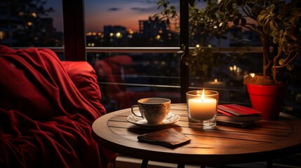 Cozy night apartment with an open book and a cup. Generative AI