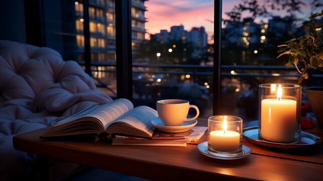 Cozy night apartment with an open book and a cup. Generative AI