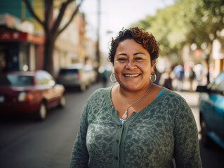 Señora latina, mexicana, madura, con cabello corto, sonriendo, en una calle de la ciudad.