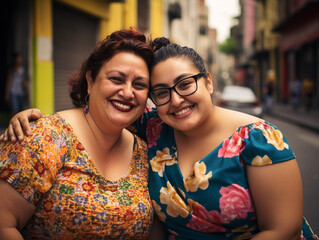 Madre e hija mexicanas, abrazadas, sonriendo, en una calle de la ciudad. - obrazy, fototapety, plakaty
