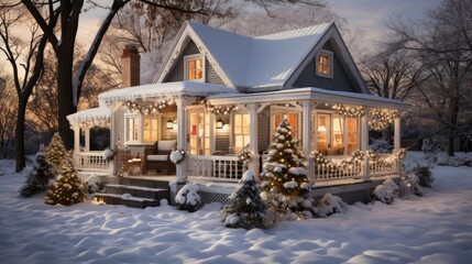 Cute and cozy cottage with Christmas decorations. Generative AI - obrazy, fototapety, plakaty