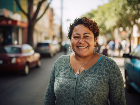 Se&ntilde;ora latina, mexicana, madura, con cabello corto, sonriendo, en una calle de la ciudad.