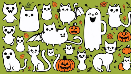 Happy Halloween set of elements, ghost, pumpkin, bat and cat. Vector is cute illustration in hand drawn style Generative AI