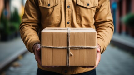 Fototapeta premium Delivery person bringing a package to a doorstep. Generative AI