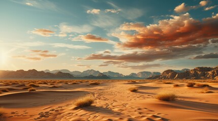 Desert landscape with sand dunes and mountains capturi. Generative AI - obrazy, fototapety, plakaty