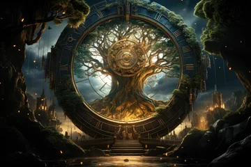 Photo sur Plexiglas Vieil immeuble Illustrating the sacred tree of life as an afterlife portal gate leading to divine mystery. Symbolizes esoteric concepts such as old astral soul, karma, and ancient incarnations. Generative Ai.