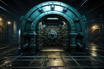 The concept of bank vault door locker safety and security is conveyed, emphasizing the importance of protecting valuable assets. Generative Ai.