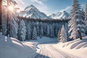 landscape of forest, mountains, winter with sun rays