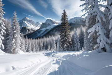 landscape of forest, mountains, winter with sun rays