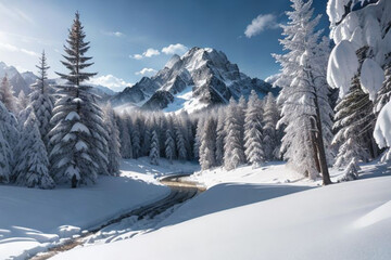 landscape of forest, mountains, winter with sun rays