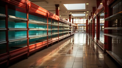 Empty grocery shelves in a supermarket. Generative AI - obrazy, fototapety, plakaty