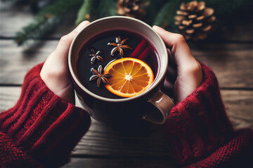Woman in a warm sweater is holding in her hands a cup of aromatic hot mulled wine