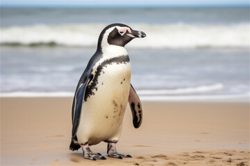 a single penguin standing next to the sea
