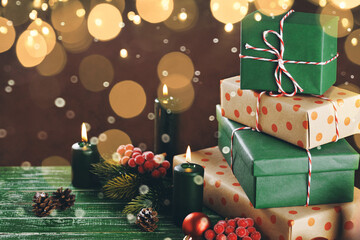 Christmas gift boxes with decoration on the table