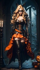 beautiful witch woman, halloween costume, pumpkins, candles, bats