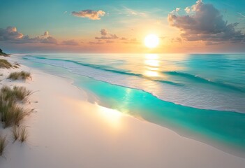 Sun rising over a white sand beach with no people and still turquoise water - obrazy, fototapety, plakaty