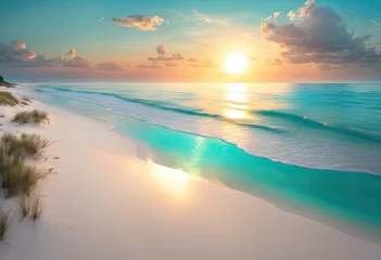 Zelfklevend Fotobehang Sun rising over a white sand beach with no people and still turquoise water © CJH Photography ::C