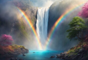 Magical fantasy waterfall with rainbow