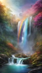 Magical fantasy waterfall with rainbow