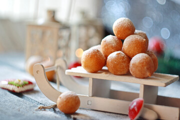 Fritule - Croatian mini doughnuts. Selective focus - obrazy, fototapety, plakaty