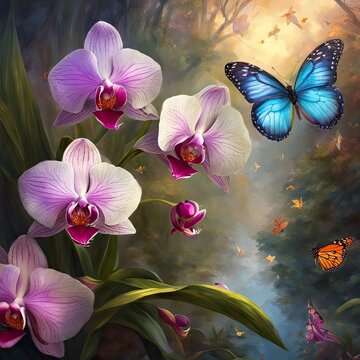 A fiield of orchids with butterflies