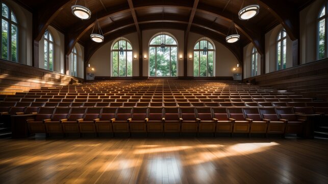 Empty wooden benches of a university auditorium. Generative AI