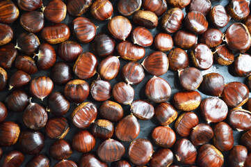Chestnuts background. Autumn background with edible chestnuts. Flat lay.