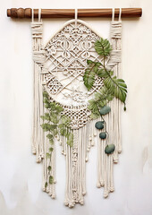 Generative AI, watercolor illustration of a panel using the macrame technique made of ropes and cords, decorated with flowers, on a wooden stick, hobby, handicraft, handmade, boho styles, postcard