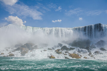 Panoramic aerial view of Niagara Falls, American Falls at sunset in Niagara Falls, Ontario, Canada