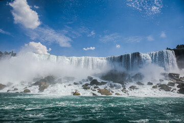 Panoramic aerial view of Niagara Falls, American Falls at sunset in Niagara Falls, Ontario, Canada