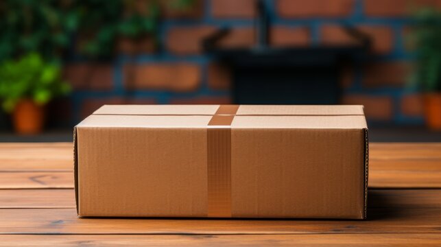 Hand holding cardboard box on blue background. Generative AI