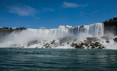 Panoramic aerial view of Niagara Falls, American Falls at sunset in Niagara Falls, Ontario, Canada