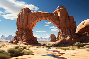 A surreal desert landscape adorned with colossal, gravity-defying stone arches, defying the laws of...